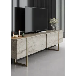 Lux TV-bänk - Travertin/guld