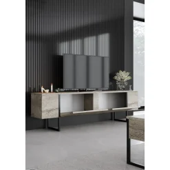 Lux TV-bänk - Travertin/svart