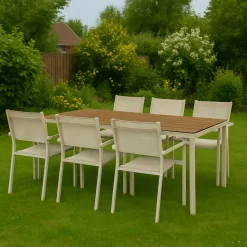 Matgrupp; 6 stolar och matbord 205 x 90 cm beige - Copacabana