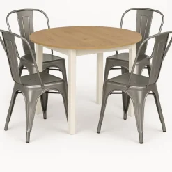 Matgrupp Berivan Ø102142 cm ek/vit med 4 st Industry stolar i borstat stål