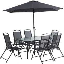 Matgrupp; bord med 6 st positionsstolar och parasoll + Rengöringsmedel för utemöbler