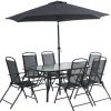 Matgrupp; bord med 6 st positionsstolar och parasoll