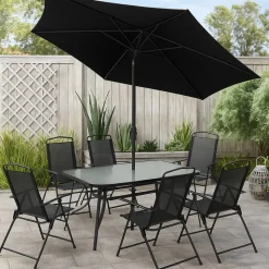 Matgrupp; bord med 6 st positionsstolar och parasoll