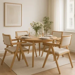 Matgrupp Genova Ø110160 cm i oljad ek med 4 st Sara karmstolar i ek och linne