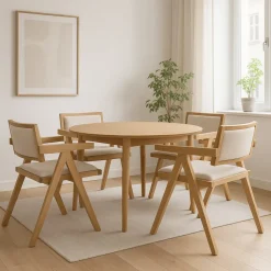 Matgrupp Genova Ø110160 cm i oljad ek med 4 st Sara karmstolar i ek och linne