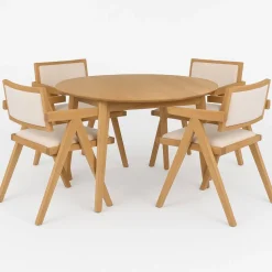 Matgrupp Genova Ø110160 cm i oljad ek med 4 st Sara karmstolar i ek och linne