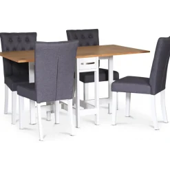 Matgrupp; Klaffbord ek / Vit med 4 stycken klädda stolar - Fårö