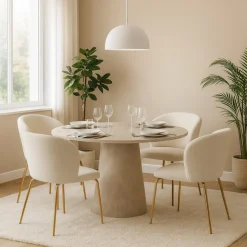 Matgrupp Lanzo Ø120 cm marmor beige med 4 st stolar i bouclé och mässingsben