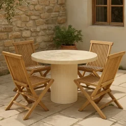 Matgrupp med 4 stolar och matbord Ø122 beige/teak - Merca/Saltö