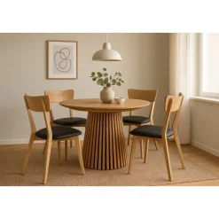 Matgrupp Osaka Ø120200 cm ek med 4 st Amino stolar i ek och svart ecoläder