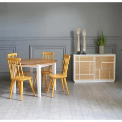 Matgrupp: Runt bord i Ek / Vit med 4 st gula Pinnstolar + 3.00 x Möbeltassar