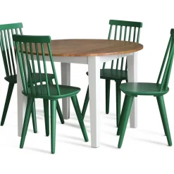 Matgrupp: Runt bord i Ek / Vit med 4 st gröna Pinnstolar + 3.00 x Möbeltassar
