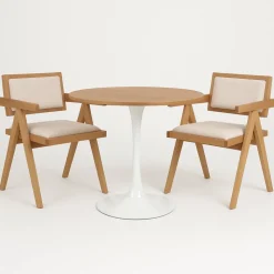 Matgrupp Sumner Ø80 cm ek/vit med 2 st Sara karmstolar i ek och linne