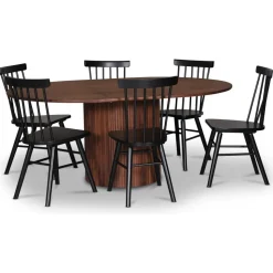 Nova matgrupp, förlängningsbart matbord Ø130-170 cm inkl 6 st Orust svarta pinnstolar - Valnöt