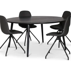 Omni matgrupp, runt matbord Ø130 cm inkl 4 st Bridge snurrbara svarta stolar - Svartbetsad ek + 4.00 x Stolsdyna