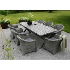 Oxford utematgrupp; grått bord 220 cm inkl 6 st Mercury fåtöljer grå konstrotting
