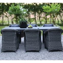 Oxford utematgrupp; grå/vit bord 220 cm inkl 6 st Mercury fåtöljer grå konstrotting