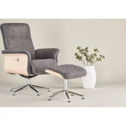 Reclinerfåtölj med fotpall - Grå fårskinnsimitation/whitewash ek