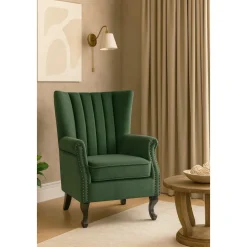 Öronlappsfåtölj i grön sammet + Textilrengöring för möbler