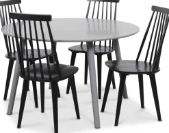 Rosvik matgrupp grått runt bord med 4 st svarta Dalsland Pinnstolar - Grå / Svarta