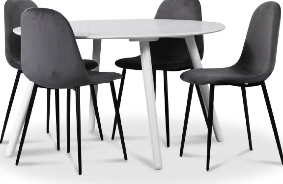 Rosvik matgrupp, matbord med 4 st Carisma sammetsstolar - Vit/Grå + 4.00 x Stolsdyna