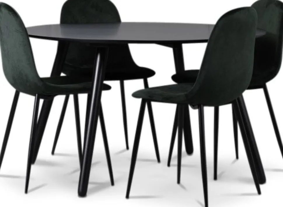 Rosvik matgrupp, matbord med 4 st Carisma sammetsstolar - Svart/Grön + 3.00 x Möbeltassar