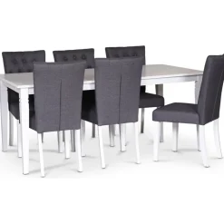 Sandhamn matgrupp; 180x95 cm bord med 6 st Crocket matstolar i grått tyg