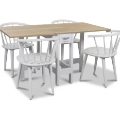 Signum matgrupp Slagbord vit/ek med 4 st vita fredrik pinnstolar med karm + 4.00 x Stolsdyna