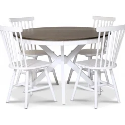 Skagen matgrupp; runt matbord Ø120 cm - Vit / brunoljad ek med 4 st vita Karl Pinnstolar + 3.00 x Möbeltassar