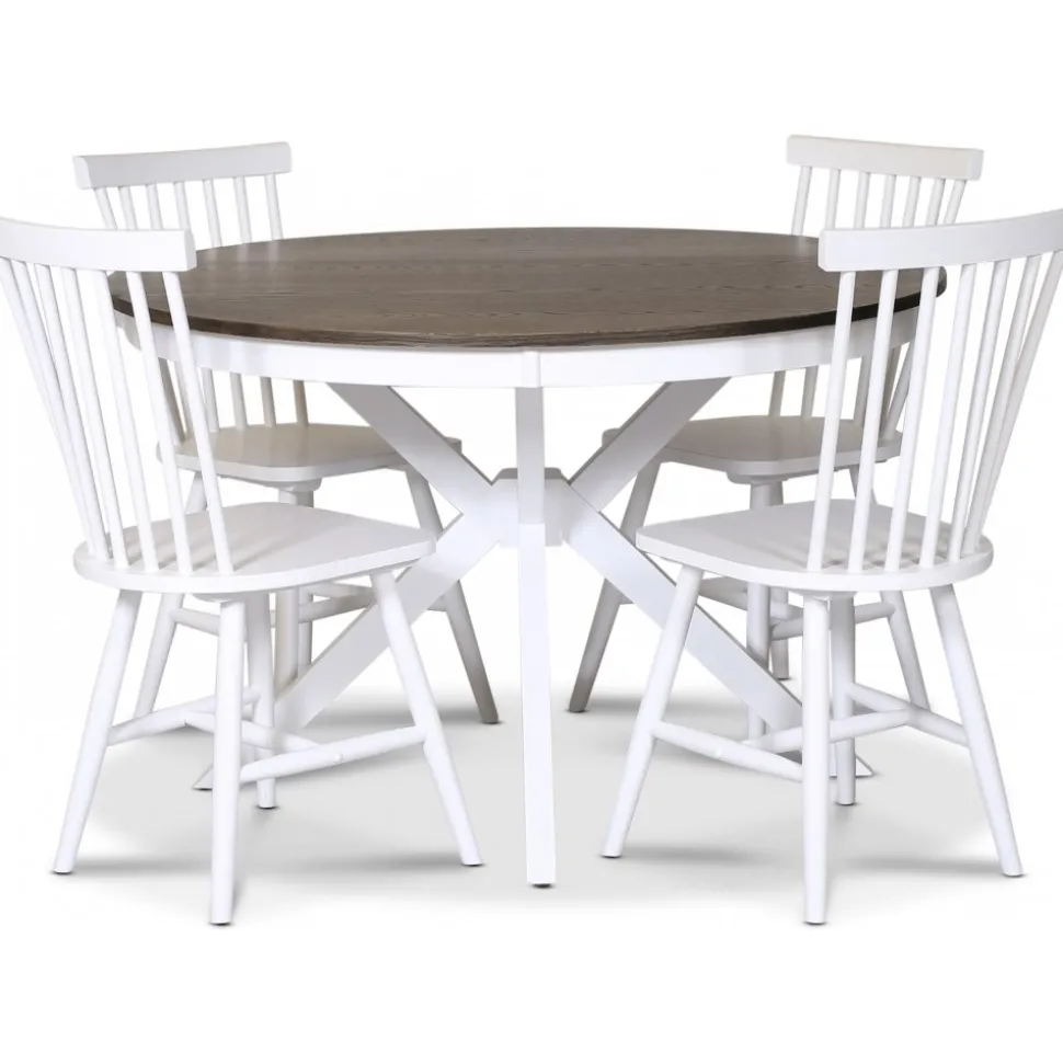 Skagen matgrupp; runt matbord Ø120 cm - Vit / brunoljad ek med 4 st vita Karl Pinnstolar + 3.00 x Möbeltassar