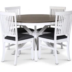 Skagen matgrupp; runt matbord Ø120 cm - Vit / brunoljad ek med 4 st Fårö stolar (Ribbor i ryggen) med grå tygsits