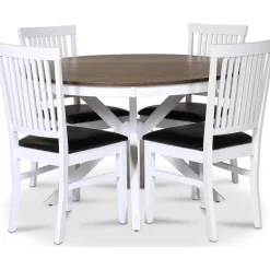Skagen matgrupp; runt matbord Ø120 cm - Vit / brunoljad ek med 4 st Fårö stolar (Ribbor i ryggen) med svart PU-sits