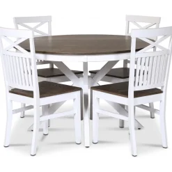 Skagen matgrupp; runt matbord Ø120 cm - Vit / brunoljad ek med 4 st Skagen stolar (Kryss i ryggen) med brunoljad eksits + 4.00 x Stolsdyna