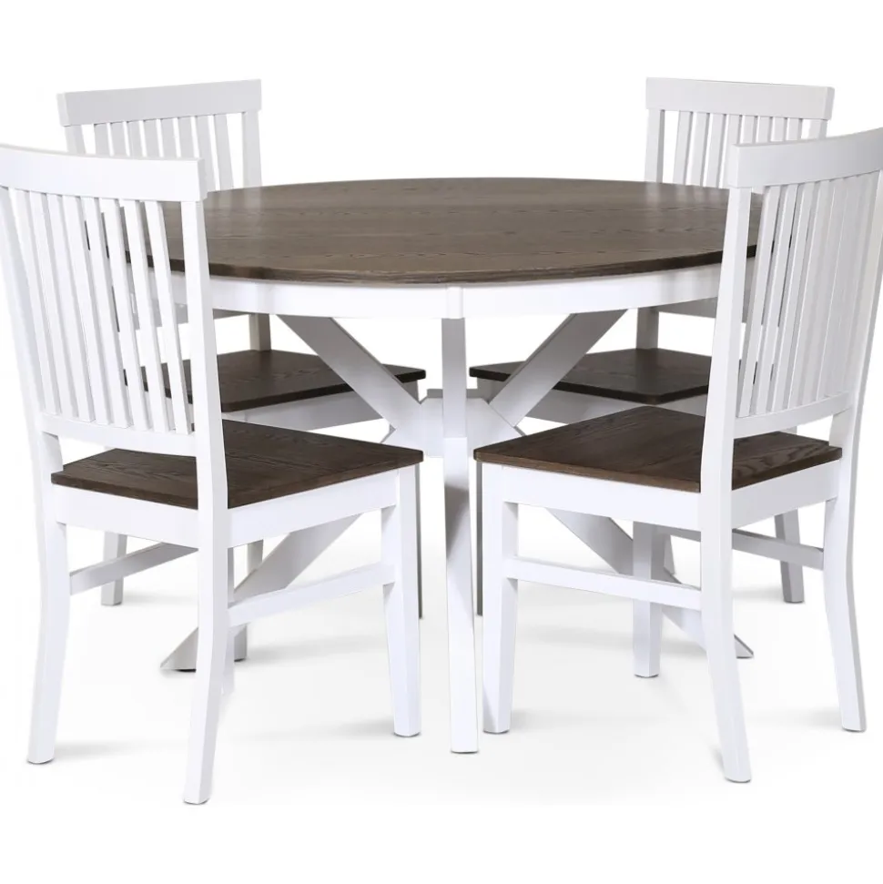 Skagen matgrupp; runt matbord Ø120 cm - Vit / brunoljad ek med 4 st Skagen stolar (Ribbor i ryggen) med brunoljad eksits + 4.00 x Stolsdyna