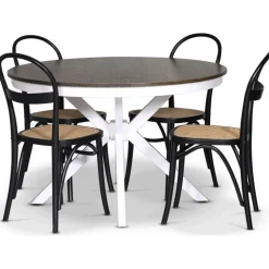 Skagen matgrupp; runt matbord 120 cm - Vit / brunbetsad ek med 4 st Danderyd No.16 stolar Svart + 3.00 x Möbeltassar