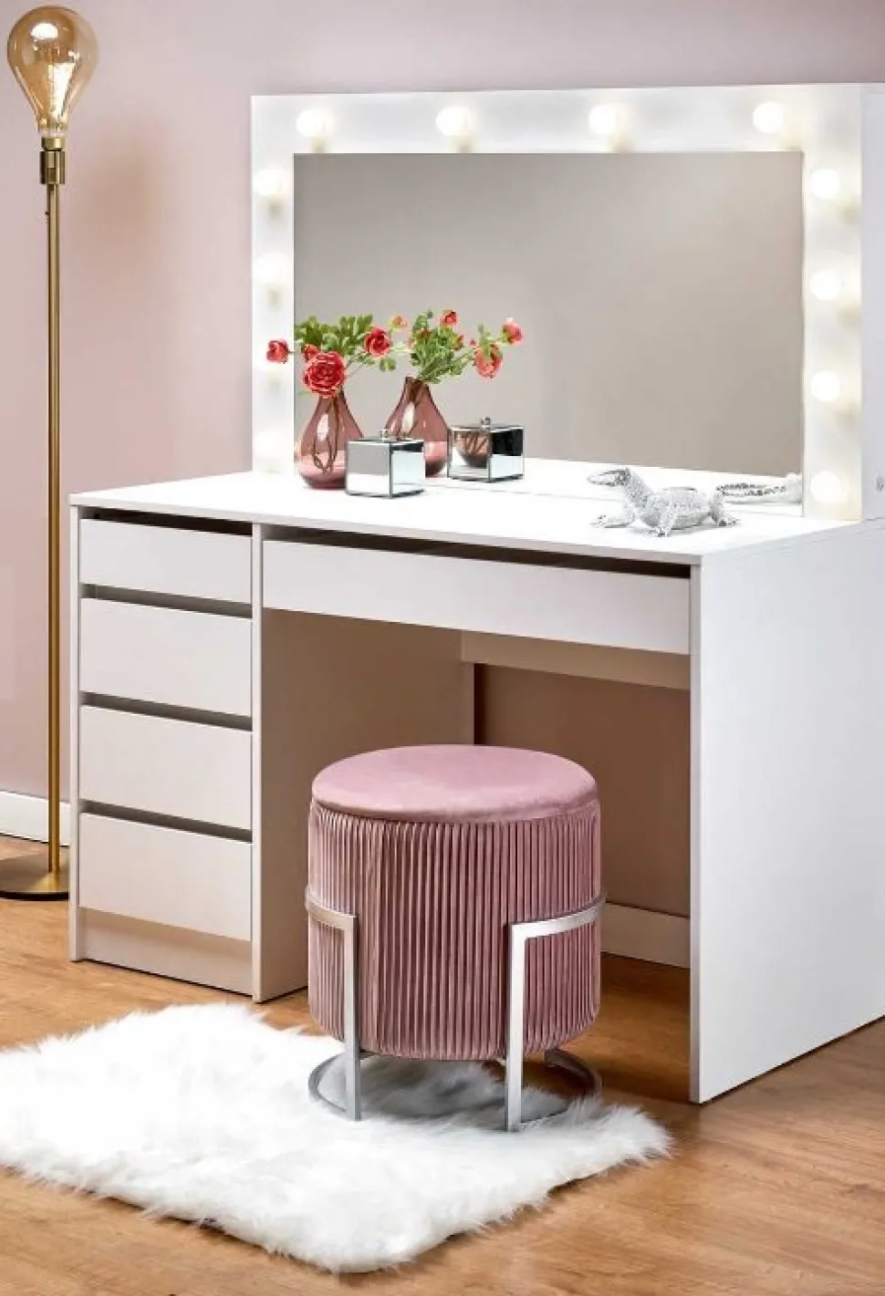 Sminkbord Vit 120 x 55 cm med LED-belysning - Facada + Möbeltassar