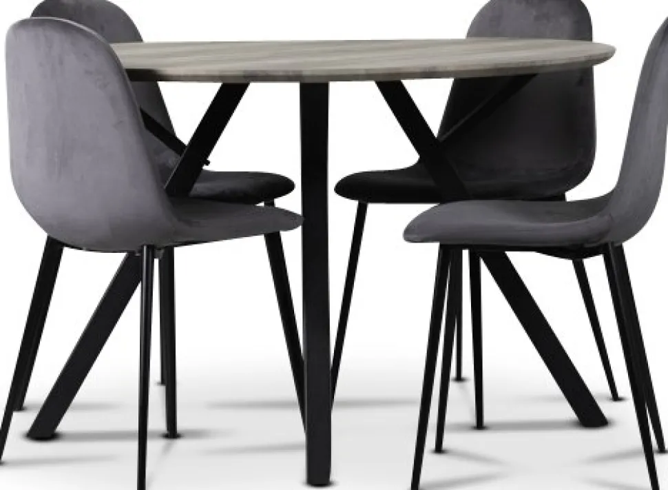 Smokey matgrupp, runt matbord med 4 st Carisma sammetsstolar - Grå + 3.00 x Möbeltassar