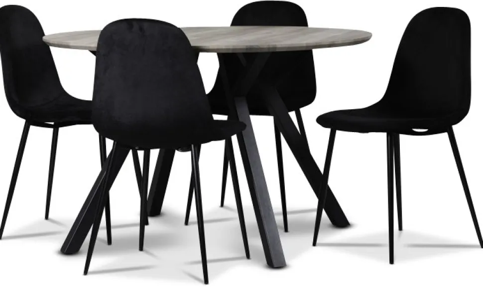 Smokey matgrupp, runt matbord med 4 st Carisma sammetsstolar - Svart + 3.00 x Möbeltassar