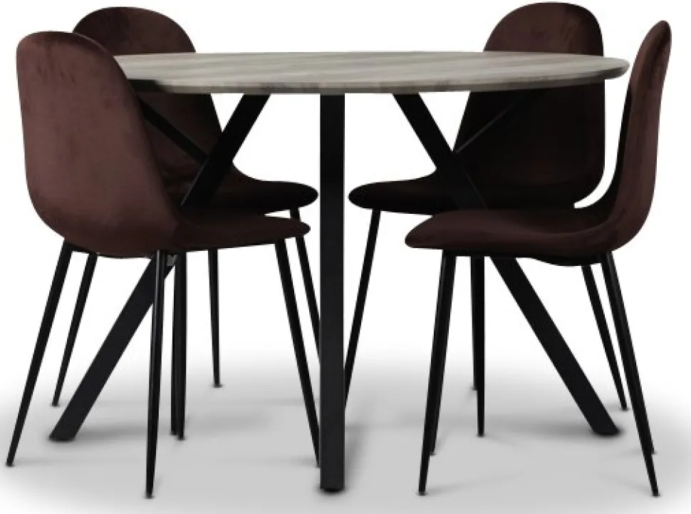Smokey matgrupp, runt matbord med 4 st Carisma sammetsstolar - Bordeaux + 4.00 x Stolsdyna