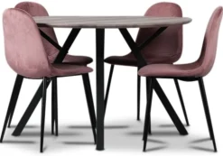 Smokey matgrupp, runt matbord med 4 st Carisma sammetsstolar - Korall + 3.00 x Möbeltassar