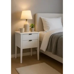 Sängbord med två lådor vit - Sunderland + Möbeltassar