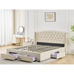 Sängram med förvaring inklusive sänggavel 160 x 200 cm - Beige