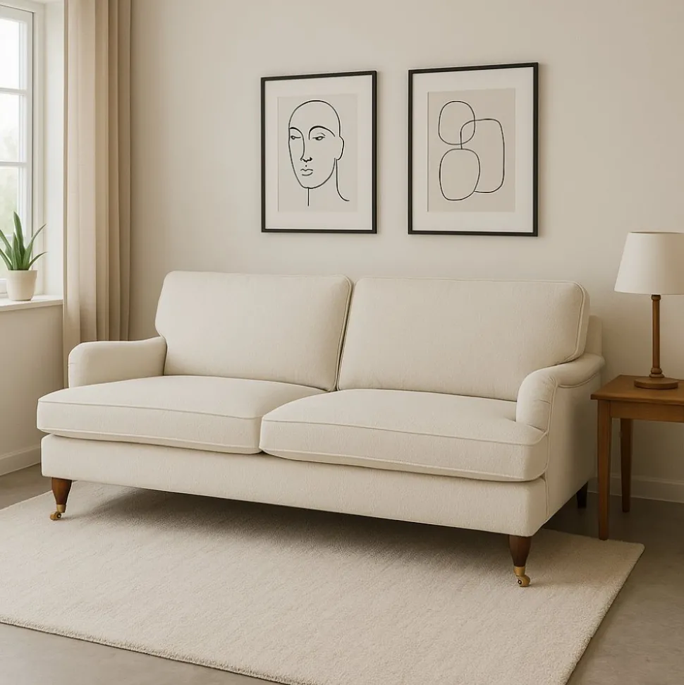 Soffa 210 cm bred Howard Watford Deluxe i bouclé + Möbeltassar