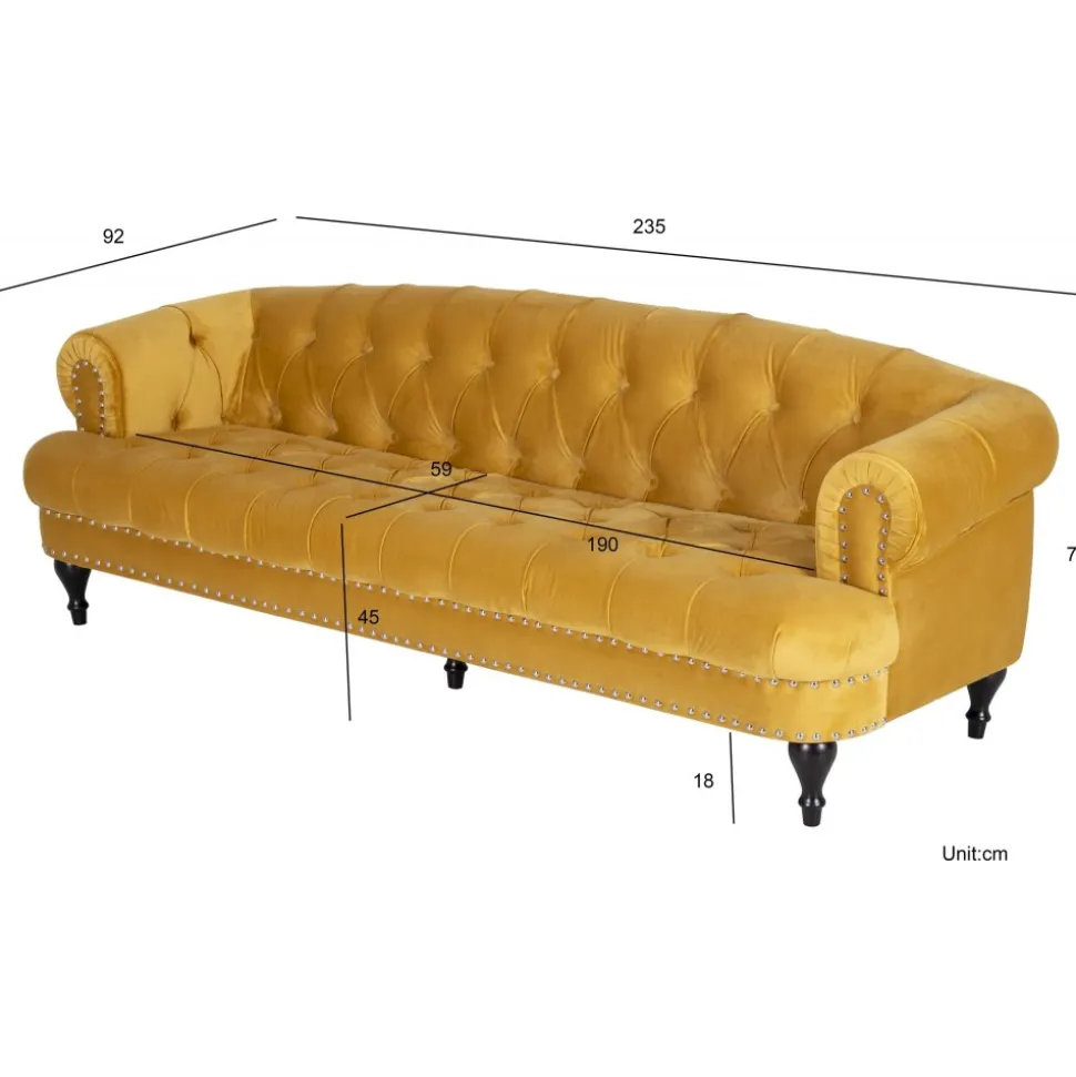 Soffa 235 cm bred i gul sammet chesterfield