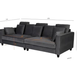 Soffa 270 cm bred och 114 cm djup - grå sammet + Fläckborttagare för möbler