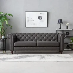 Soffa chesterfield 3-sits 219 cm svart konstläder + Fläckborttagare för möbler
