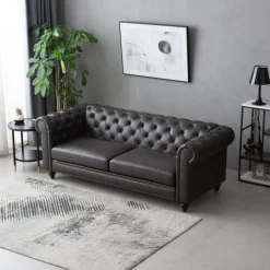 Soffa chesterfield 3-sits 219 cm svart konstläder + Textilrengöring för möbler