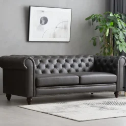 Soffa chesterfield 3-sits 219 cm svart konstläder