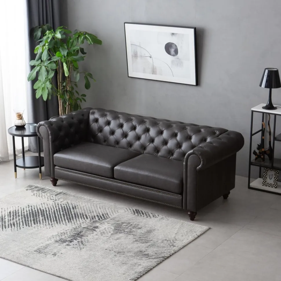 Soffa chesterfield 3-sits 219 cm svart konstläder