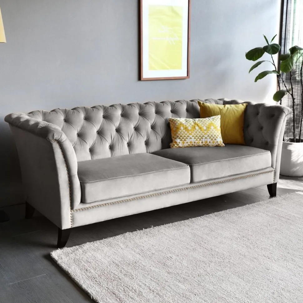 Soffa chesterfield 3-sits grå - Henry + Fläckborttagare för möbler